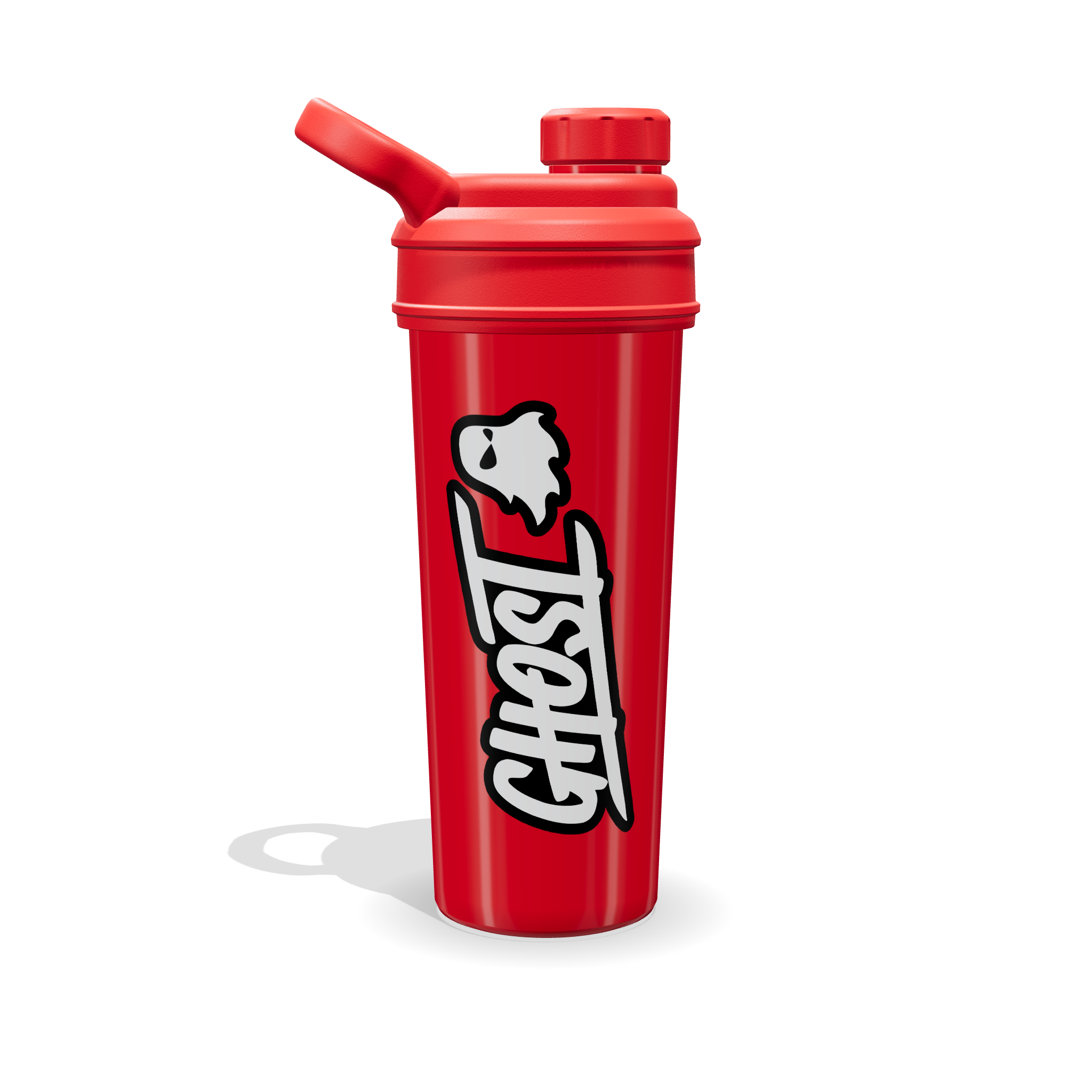 Shaker Ghost rojo de 700 ml con el logotipo Ghost vertical en blanco, vista de frente